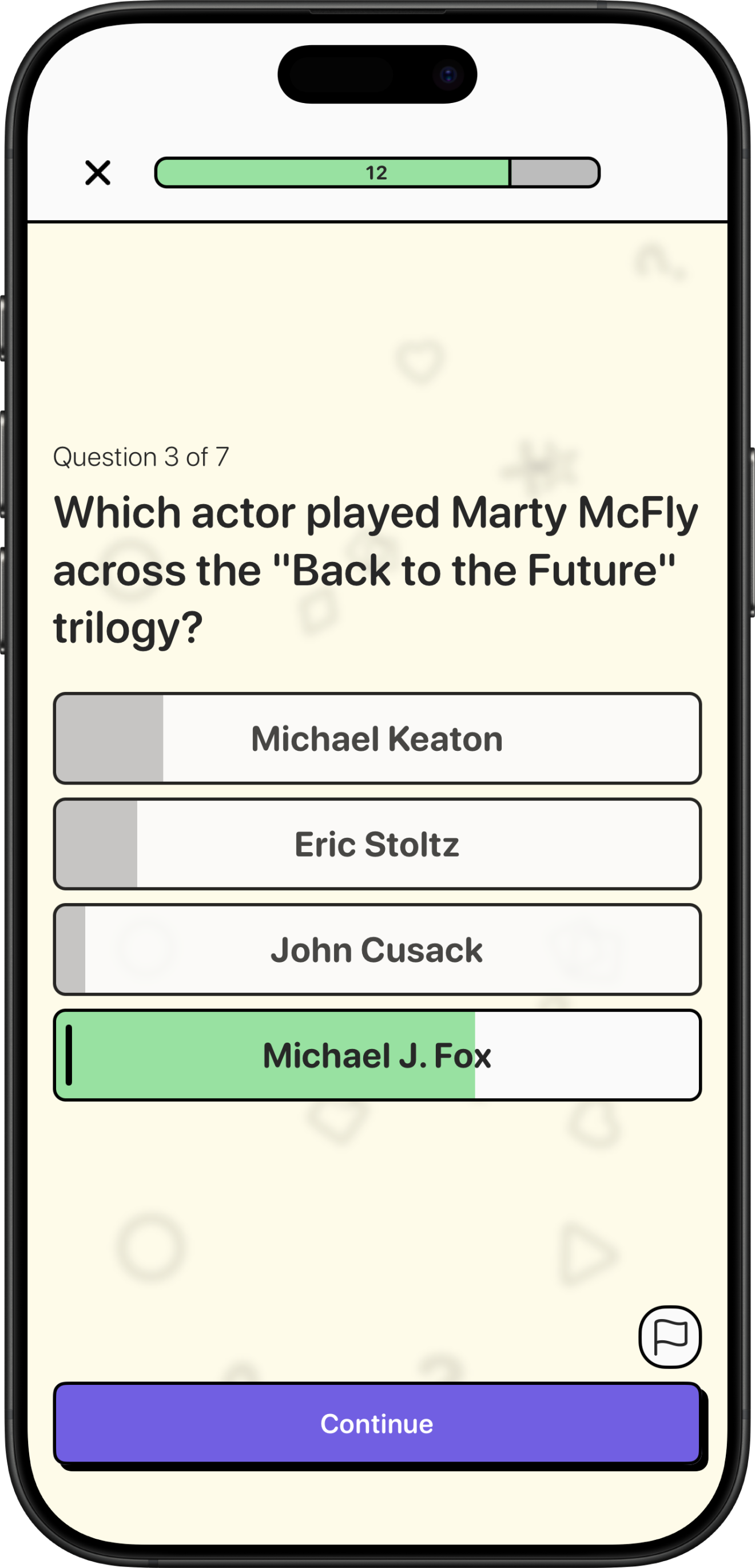 Trivia Shmivia app screenshot showing an in-progress quiz.