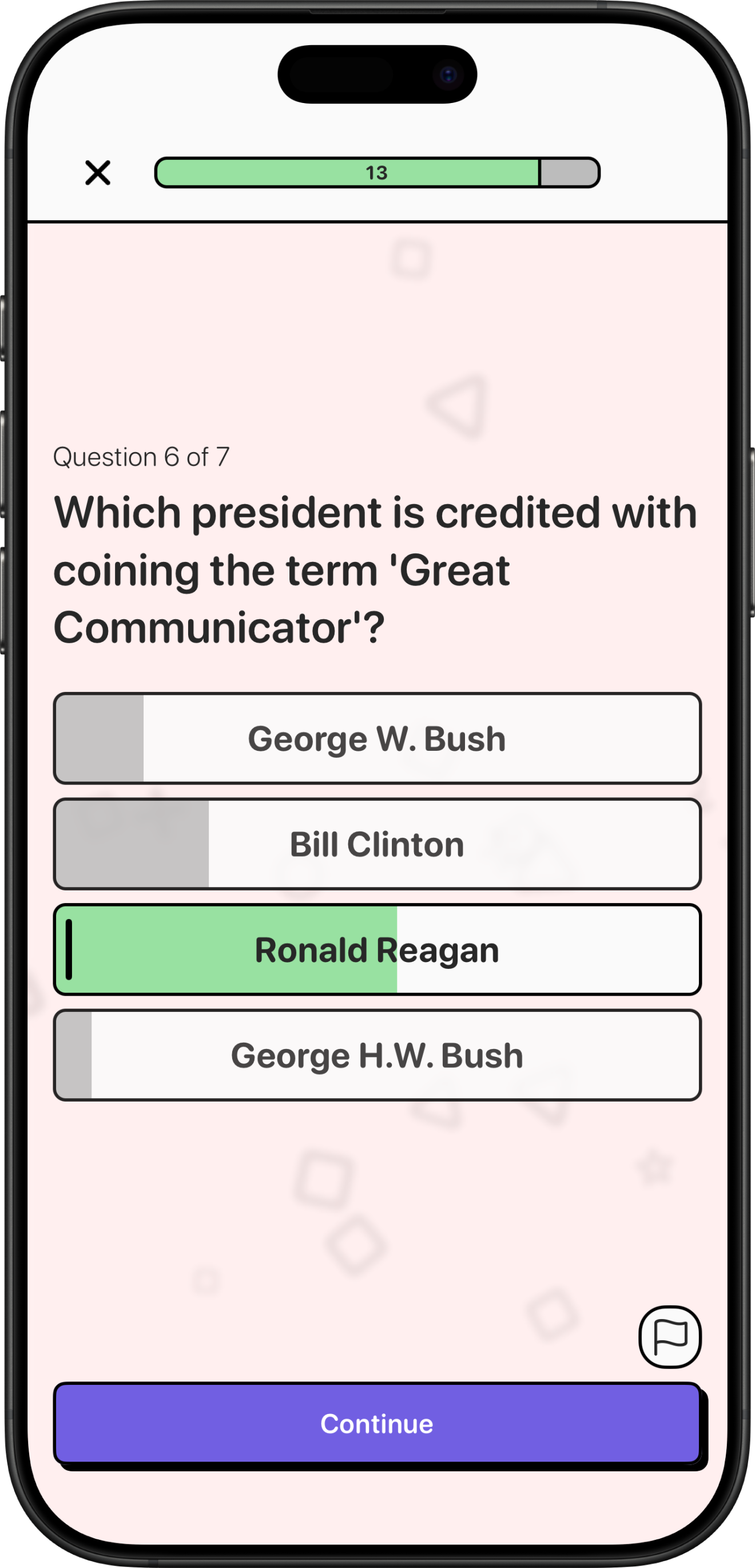 Trivia Shmivia app screenshot showing an in-progress quiz.